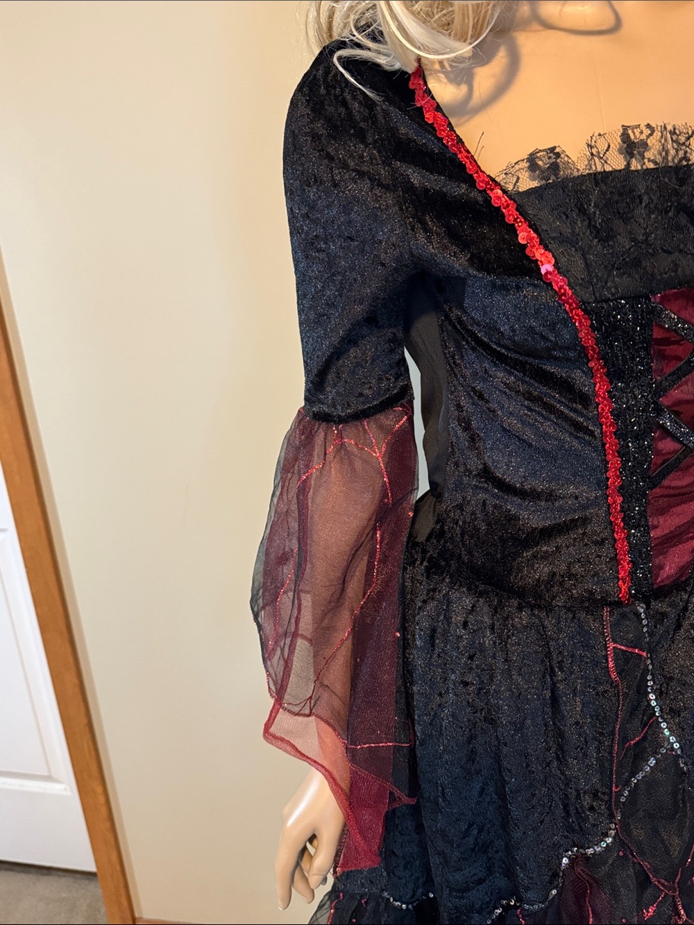 Women's Black and Burgundy Witch Costume Dress with Matching Hat - Picture 3 of 7